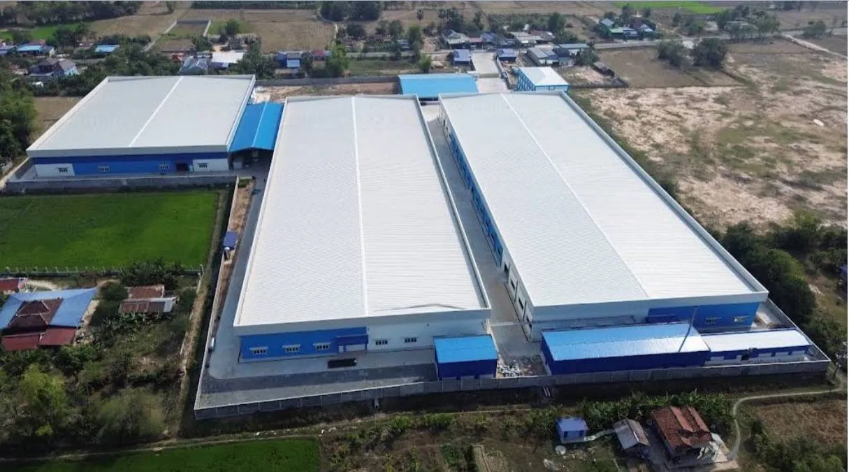 Aerial view of the HONG & DA factory buildings in Soeng Commune, Takeo Province
