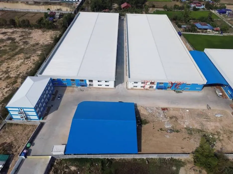 Aerial view of the workshop roofs and yard