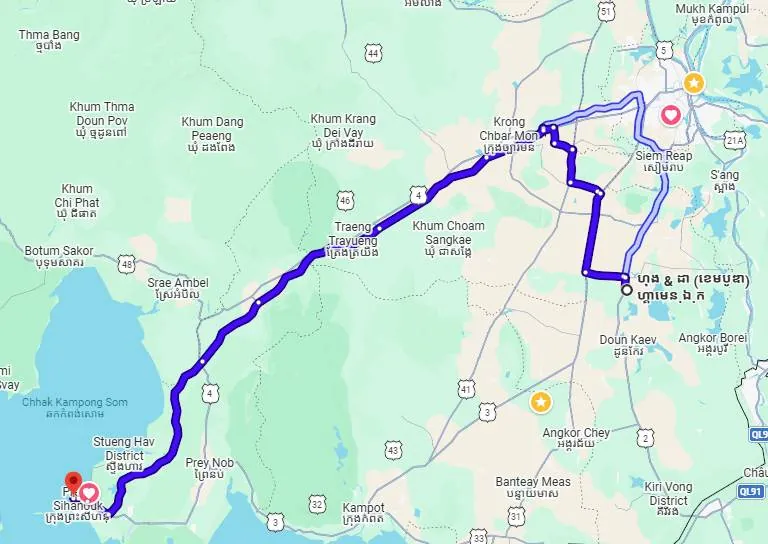 Road map showing the route from the factory to Phnom Penh